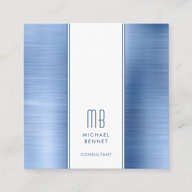 Monogrammed Blue Brushed Metallic Foil Consultant Fyrkantigt Visitkort (Framsida)