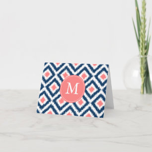 Monogrammed Blue Coral Diamonds Ikat Mönster Anteckningskort