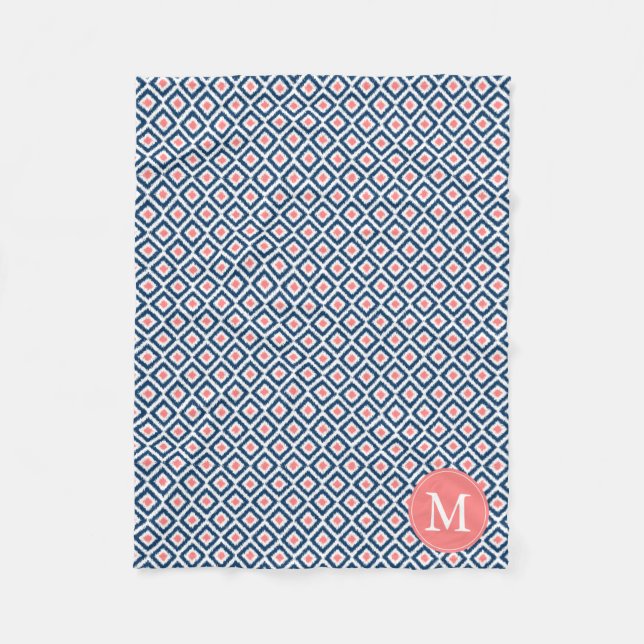 Monogrammed Blue Coral Diamonds Ikat Mönster Fleecefilt (Framsidan)