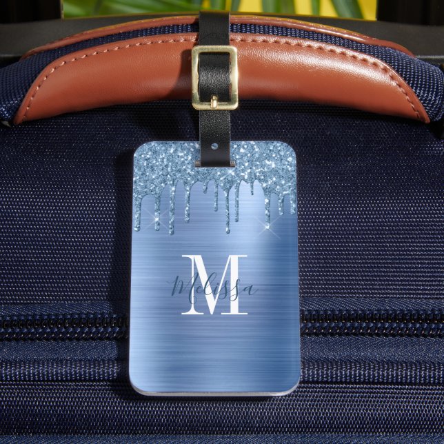 Monogrammed Blue Glitter Drip Brushed Metall Bagagebricka (Framsida Insitu 2)