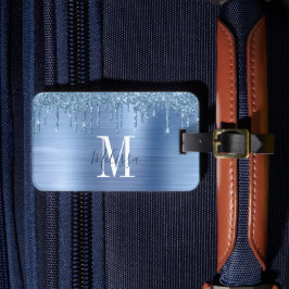 Monogrammed Blue Glitter Drip Brushed Metall Bagagebricka