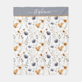 Monogrammed Blue Grått Beige White Boho Blommigt Fleecefilt