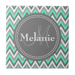 Monogrammed Blue & Grått Chevron Mönster Kakelplatta