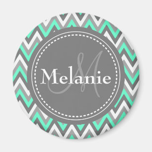Monogrammed Blue & Grått Chevron Mönster Magnet