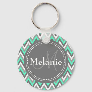 Monogrammed Blue & Grått Chevron Mönster Nyckelring