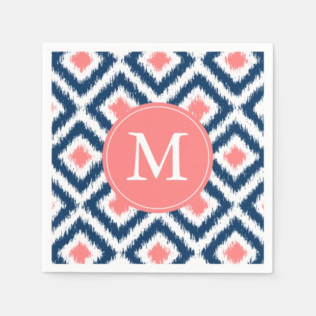 Monogrammed Blue och Coral Ikat Mönster Pappersservett (Framsidan)