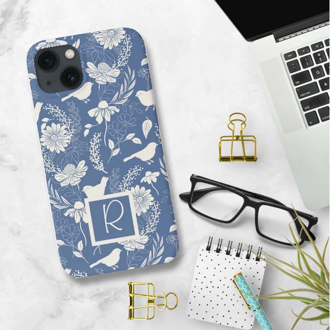 Monogrammed Blue och Cream Birds and Blommars (Skapare uppladdad)