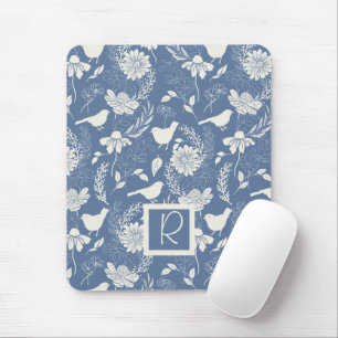 Monogrammed Blue och Cream Birds and Blommars Musmatta