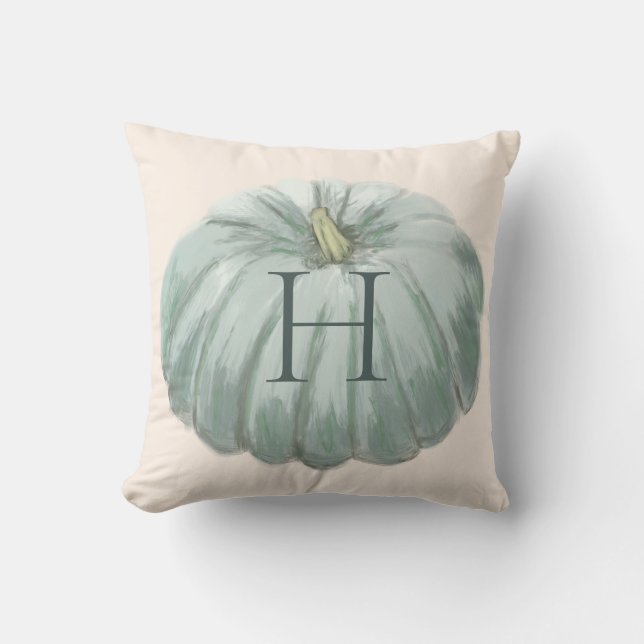 Monogrammed Blue och Ivory Fall Pumpkin Kudde (Framsida)