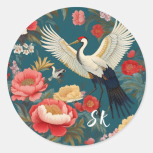 Monogrammed Blue & Red Blommigt & cranes Chinoiser Runt Klistermärke