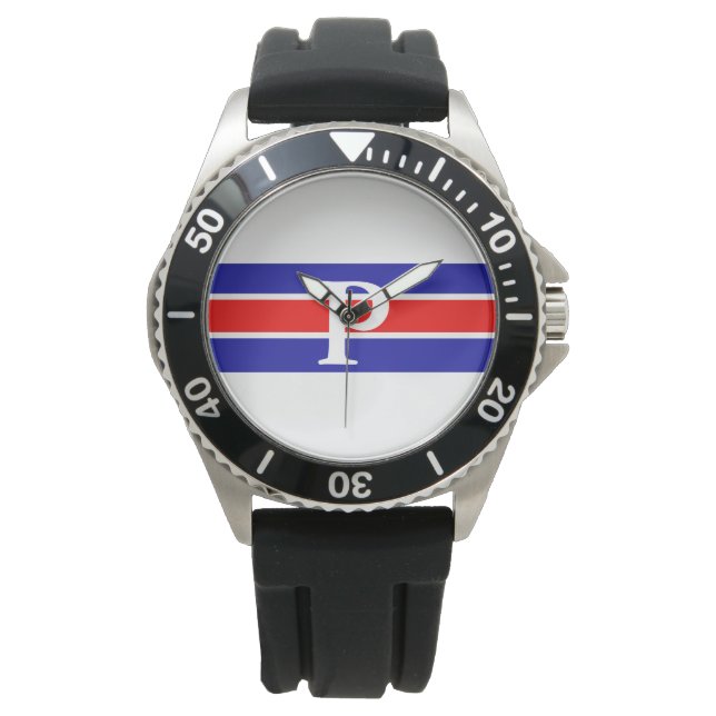 Monogrammed Blue & Red White Stripe Watch Armbandsur (Framsida)