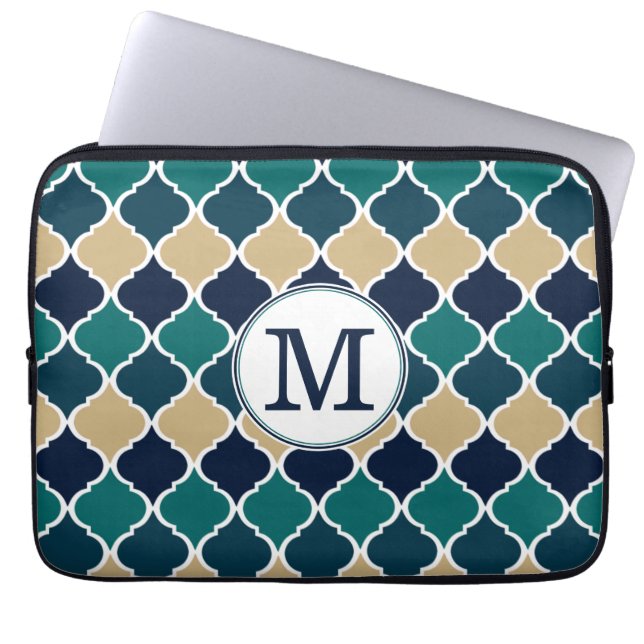 Monogrammed Blue Tan Moroccan Lattice Mönster Laptop Sleeve (Framsidan)