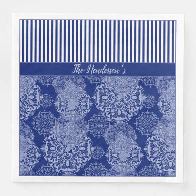 Monogrammed Boho Moody Blues Mandalas och Rand Pappersservett (Framsida)