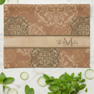 Monogrammed Boho Mörk Rust Mandalas Kökshandduk