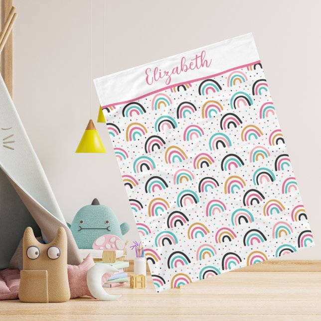 Monogrammed Boho Rainbows Rosa Teal Orange Fleecefilt (Skapare uppladdad)
