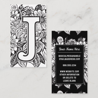 Monogrammed Brev J Black and White Blommigt Flower Visitkort