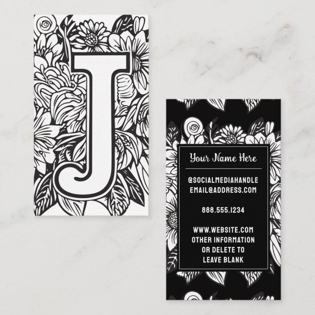 Monogrammed Brev J Black and White Blommigt Flower Visitkort (Fram/baksida)