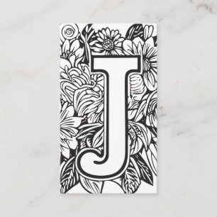 Monogrammed Brev J Simple Black and White Blommigt Visitkort