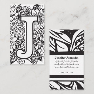 Monogrammed Brev J Simple Blommigt Black and White Visitkort