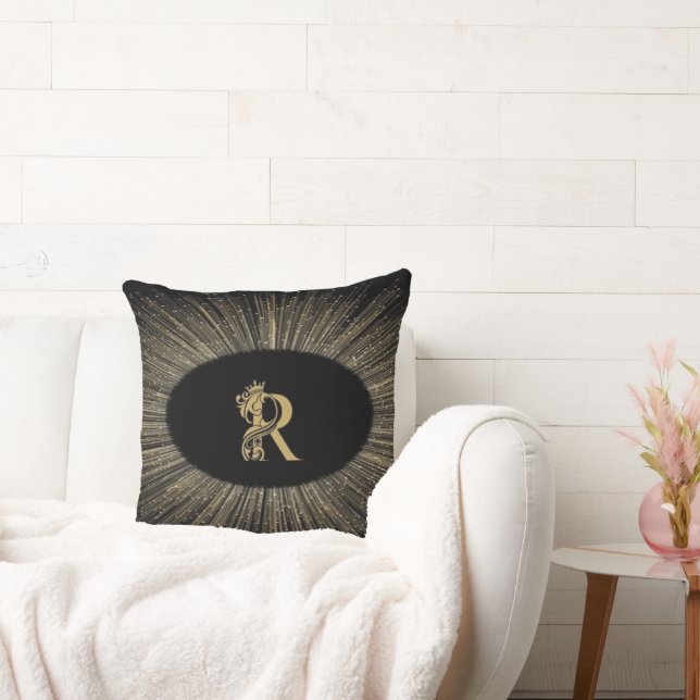 Monogrammed Brev R Black & Guld Dekorativ kudde (Soffa)