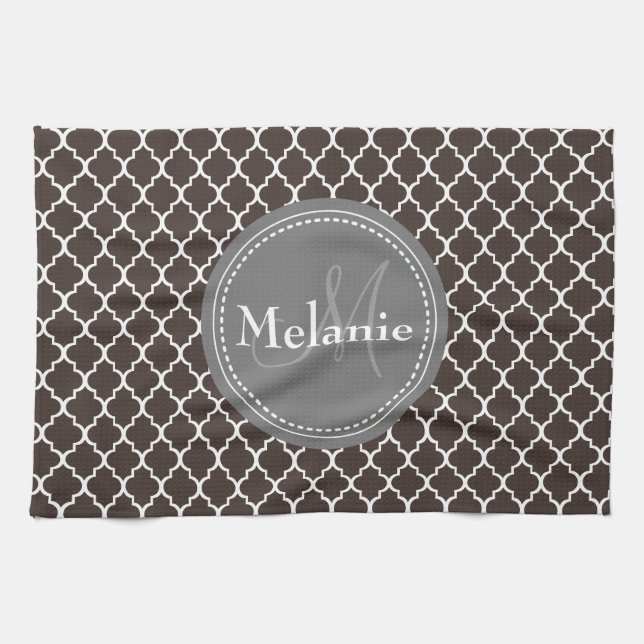 Monogrammed Brown White Moroccan Lattice Mönster Kökshandduk (Horisontell)