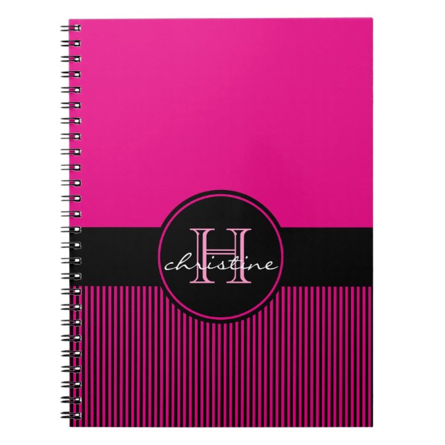 Monogrammed chic shock rosasvartrandar cirklar anteckningsbok med spiral (Framsidan)