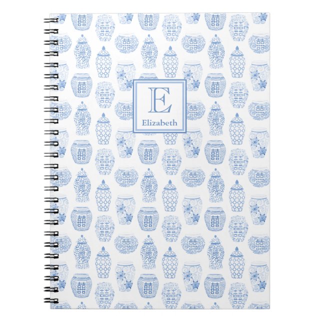 Monogrammed Classic Blue and White Ginger Burk Anteckningsbok (Framsidan)