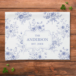 Monogrammed Classic Blue Flowers Floral Pattern Kökshandduk