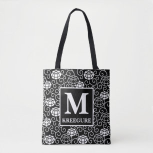 Monogrammed Classic Serif BW Peonies Tygkasse