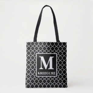 Monogrammed Classic Serif BW Quatrefoil Tygkasse