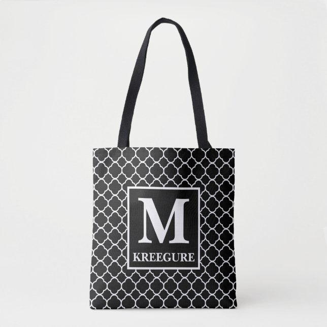 Monogrammed Classic Serif BW Quatrefoil Tygkasse (Framsida)