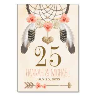 Monogrammed Coral Guld Boho Dreamcatcher-nummer Bordsnummer