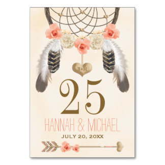 Monogrammed Coral Guld Boho Dreamcatcher-nummer Bordsnummer