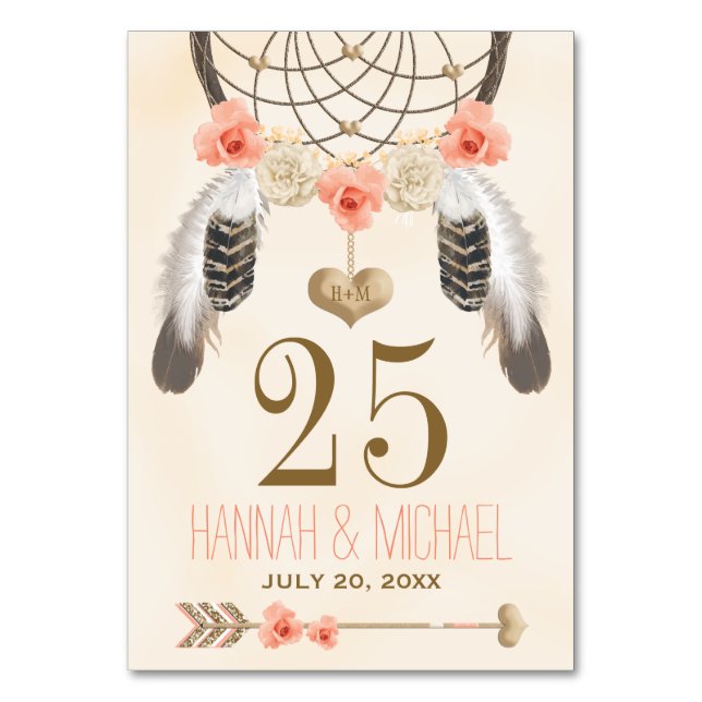 Monogrammed Coral Guld Boho Dreamcatcher-nummer Bordsnummer (Framsidan)