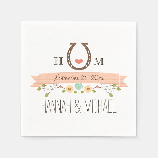 Monogrammed Coral Horseshoe Heart Bröllop Pappersservett (Framsidan)