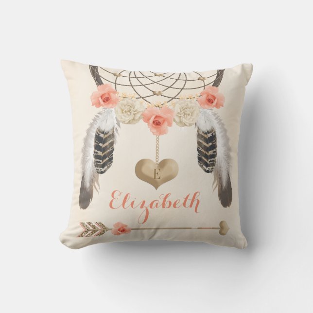 Monogrammed Coral och Guld Boho Dreamcatcher Kudde (Framsida)