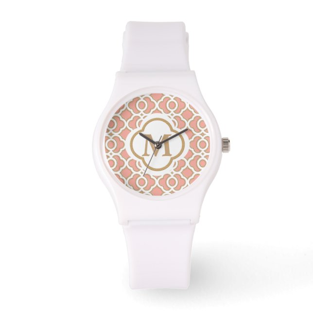 Monogrammed Coral och Guld Quatrefoil Moroccan Armbandsur (Framsida)