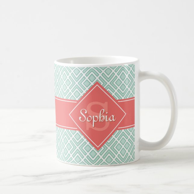 Monogrammed Coral och Mint Diamond Mönster Kaffemugg (Höger)