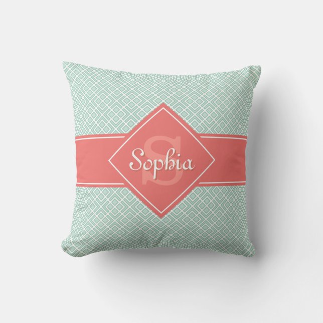 Monogrammed Coral och Mint Diamond Mönster Kudde (Framsida)