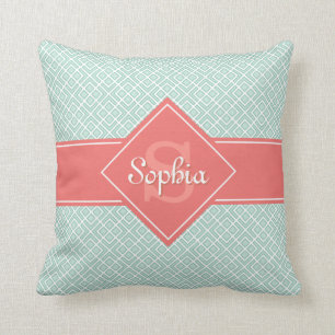 Monogrammed Coral och Mint Diamond Mönster Kudde