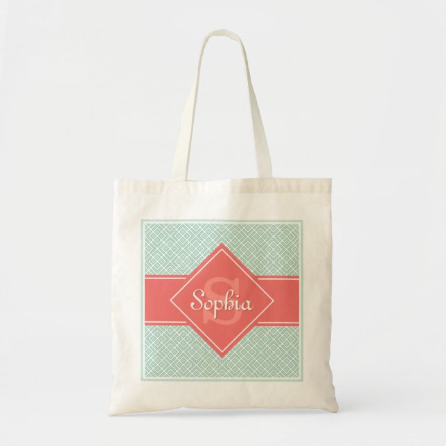 Monogrammed Coral och Mint Diamond Mönster Tygkasse (Framsidan)