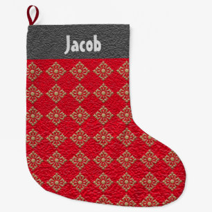 Monogrammed Crinkled Red och Guld Diamonds Stor Julstrumpa