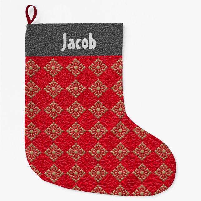 Monogrammed Crinkled Red och Guld Diamonds Stor Julstrumpa (Framsidan)