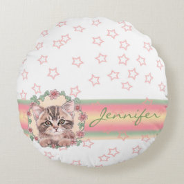 Monogrammed Cute Kitten Blommigt Rosa Star Rund Kudde