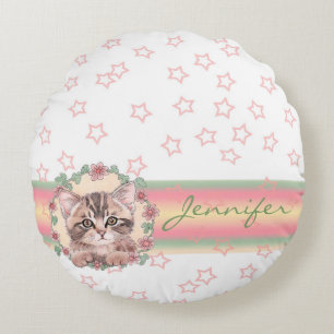 Monogrammed Cute Kitten Blommigt Rosa Star Rund Kudde