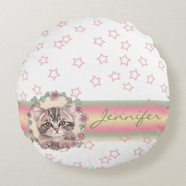 Monogrammed Cute Kitten Blommigt Rosa Star Rund Kudde (Framsidan)