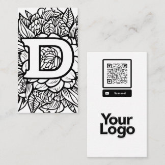 Monogrammed D Black and White Blommigt QR Code Log Visitkort
