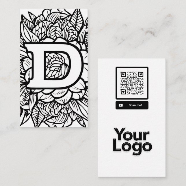Monogrammed D Black and White Blommigt QR Code Log Visitkort (Fram/baksida)