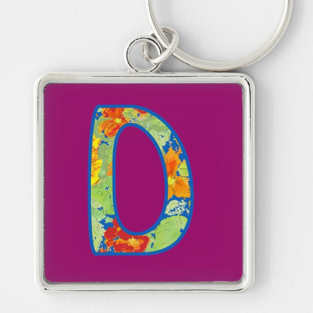Monogrammed D, Ditsy-Blommönstret Fyrkantig Silverfärgad Nyckelring (Framsidan)