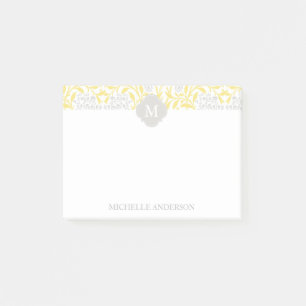 Monogrammed damast för gultgråttblommigt post-it block